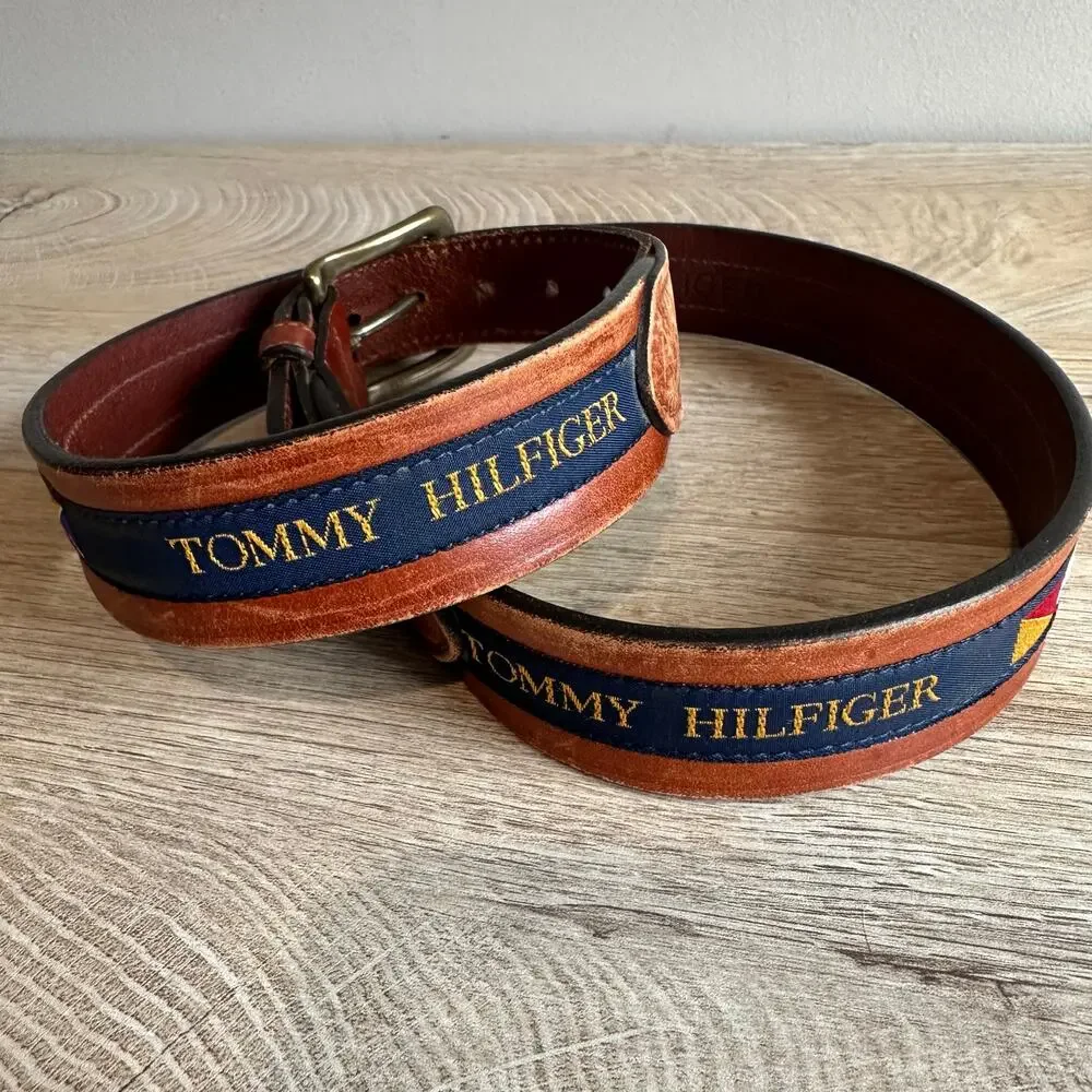 Tommy Hilfiger Vintage Spellout Logo Flags Brown Leather Branded Belt 34
